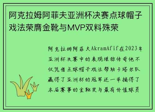 阿克拉姆阿菲夫亚洲杯决赛点球帽子戏法荣膺金靴与MVP双料殊荣 阿克拉姆阿菲夫亚洲杯决赛点球帽子戏法荣膺金靴与MVP双料殊荣